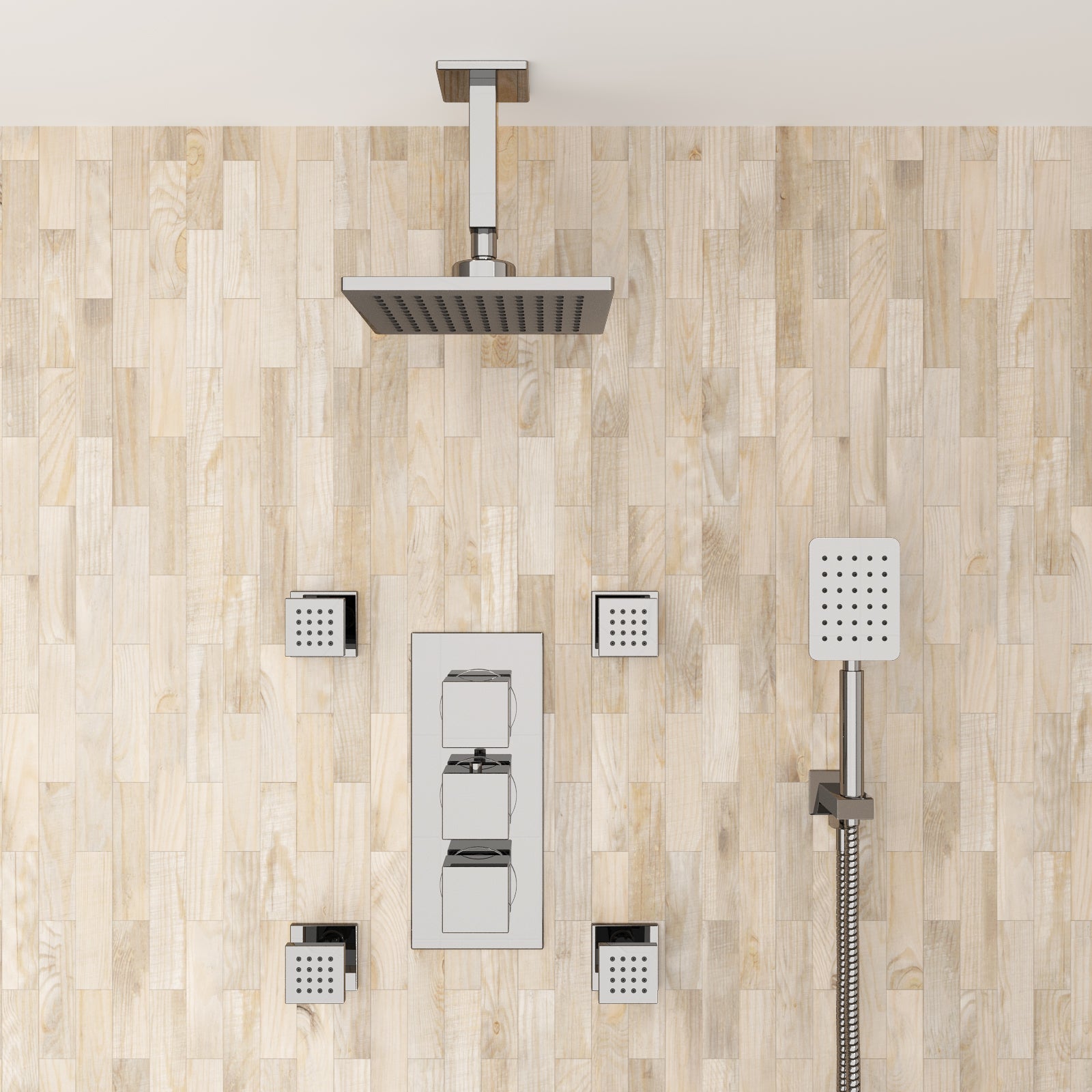 Olive Square 3 Way Concealed Thermostatic Shower Mixer Valve, Ceiling Shower Head, Handset, 4x Body Jets Set Chrome