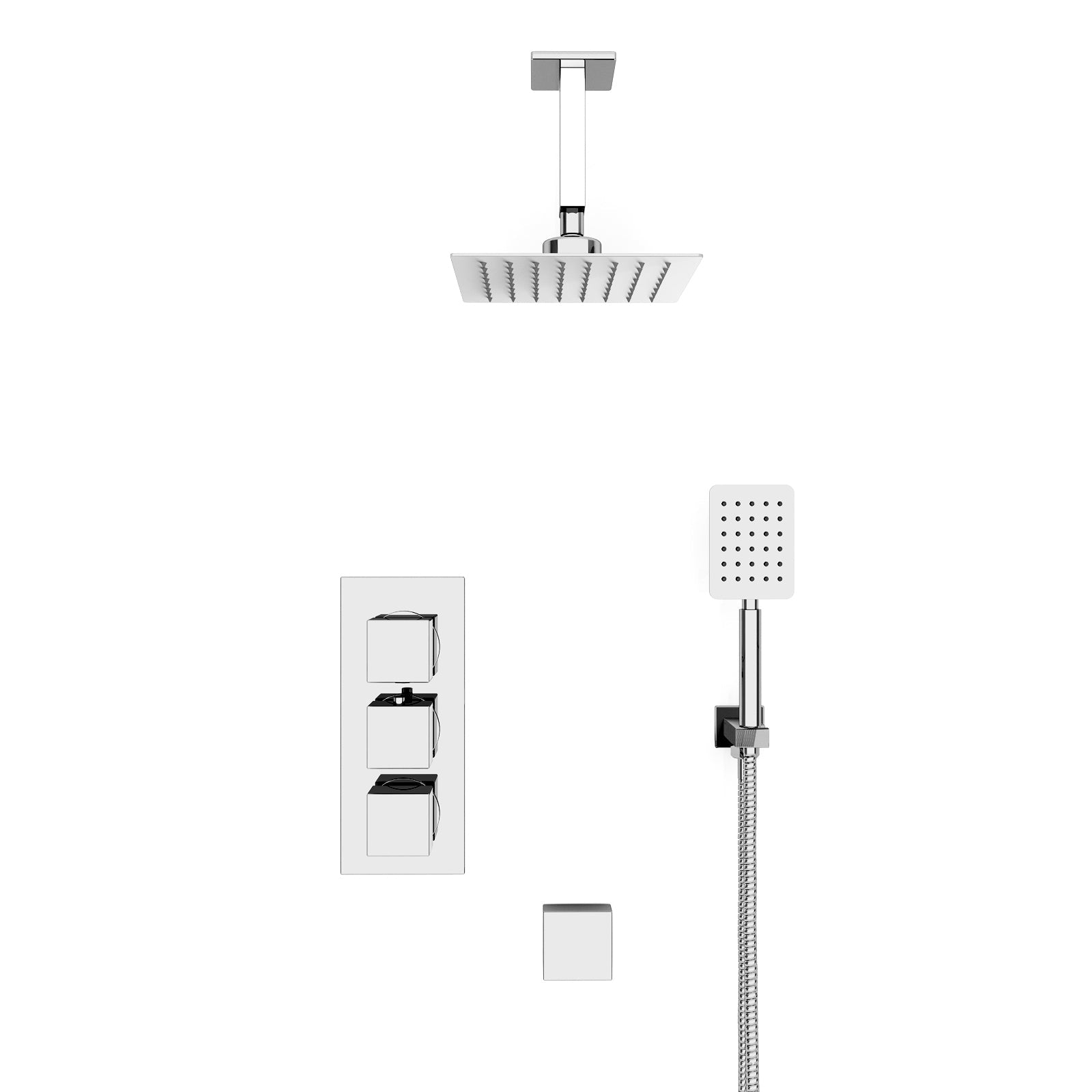 Olive Square 3 Way Concealed Thermostatic Shower Mixer Valve, Ceiling Shower Head, Handset, Bath Filler Set Chrome