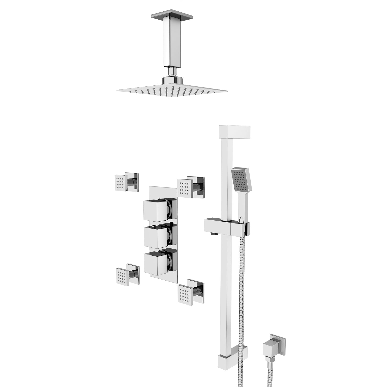 Olive Square 3 Way Concealed Thermostatic Shower Mixer Valve, Ceiling Shower Head, Handset, Slider Rail, 4x Body Jets Set Chrome