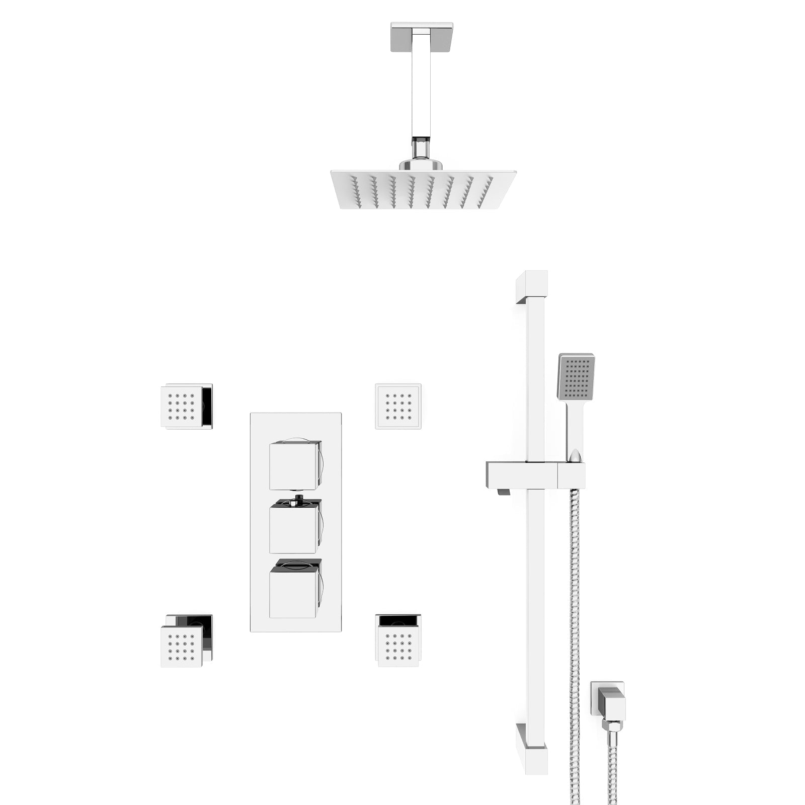 Olive Square 3 Way Concealed Thermostatic Shower Mixer Valve, Ceiling Shower Head, Handset, Slider Rail, 4x Body Jets Set Chrome