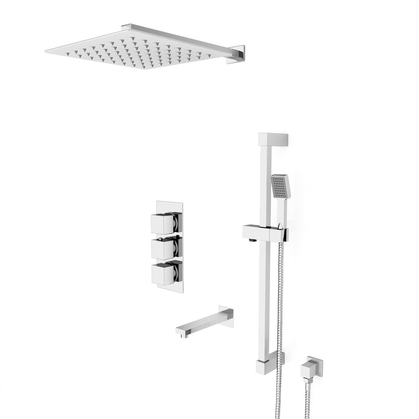 Olive Square 3 Way Concealed Thermostatic Shower Mixer Valve, Wall Shower Head, Handset, Slider Rail, Bath Spout Set Chrome