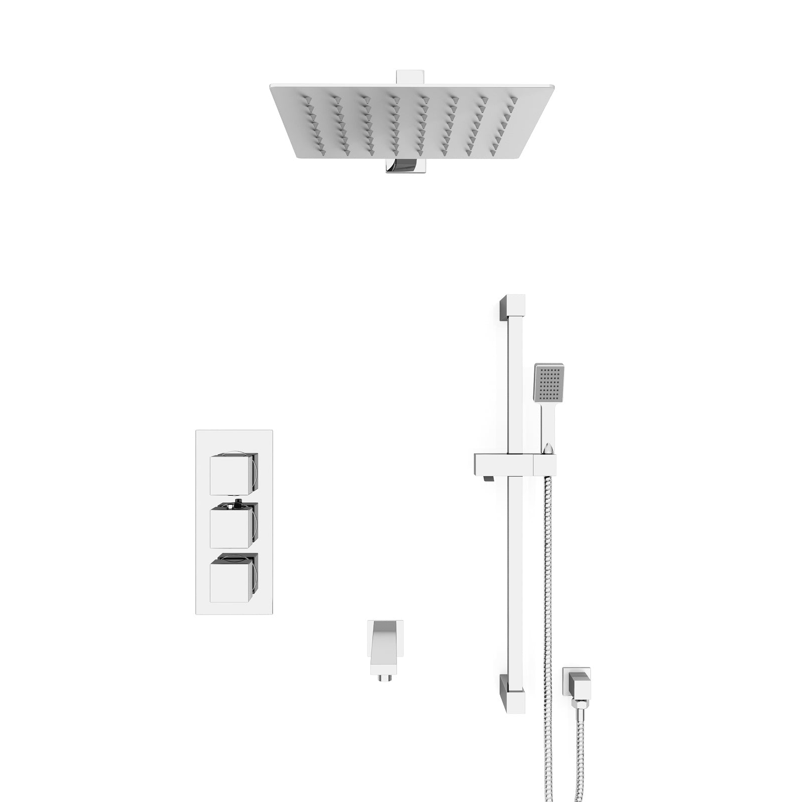 Olive Square 3 Way Concealed Thermostatic Shower Mixer Valve, Wall Shower Head, Handset, Slider Rail, Bath Spout Set Chrome