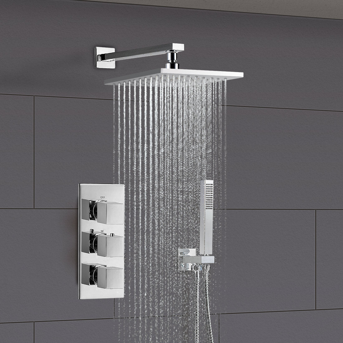 Olive 3 Way Square Concealed Thermostatic Mixer Valve Hand Held Bath Shower Kit