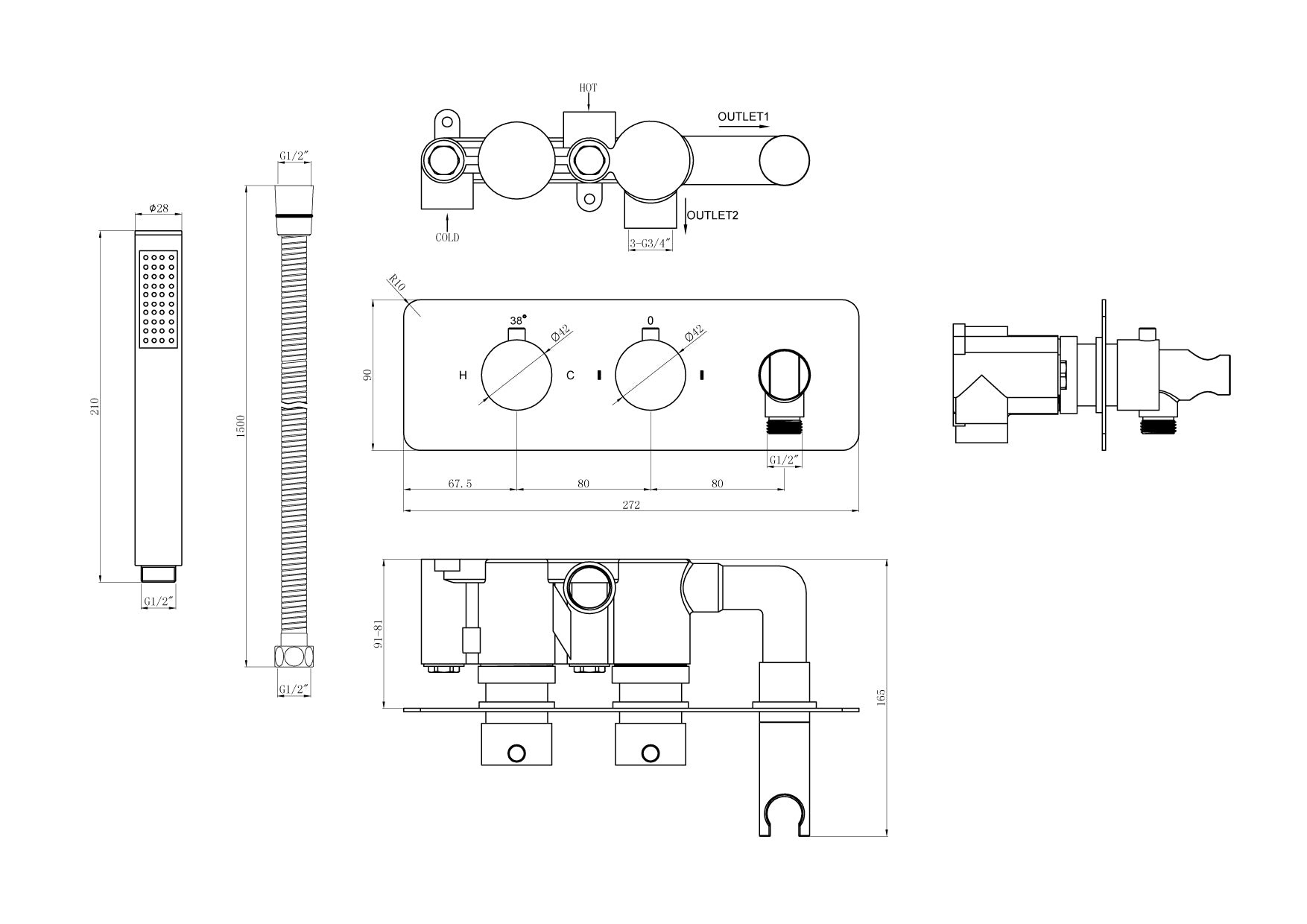 2 Dial 2 Way Round Thermostatic Concealed Valve Diverter & Shower Handset