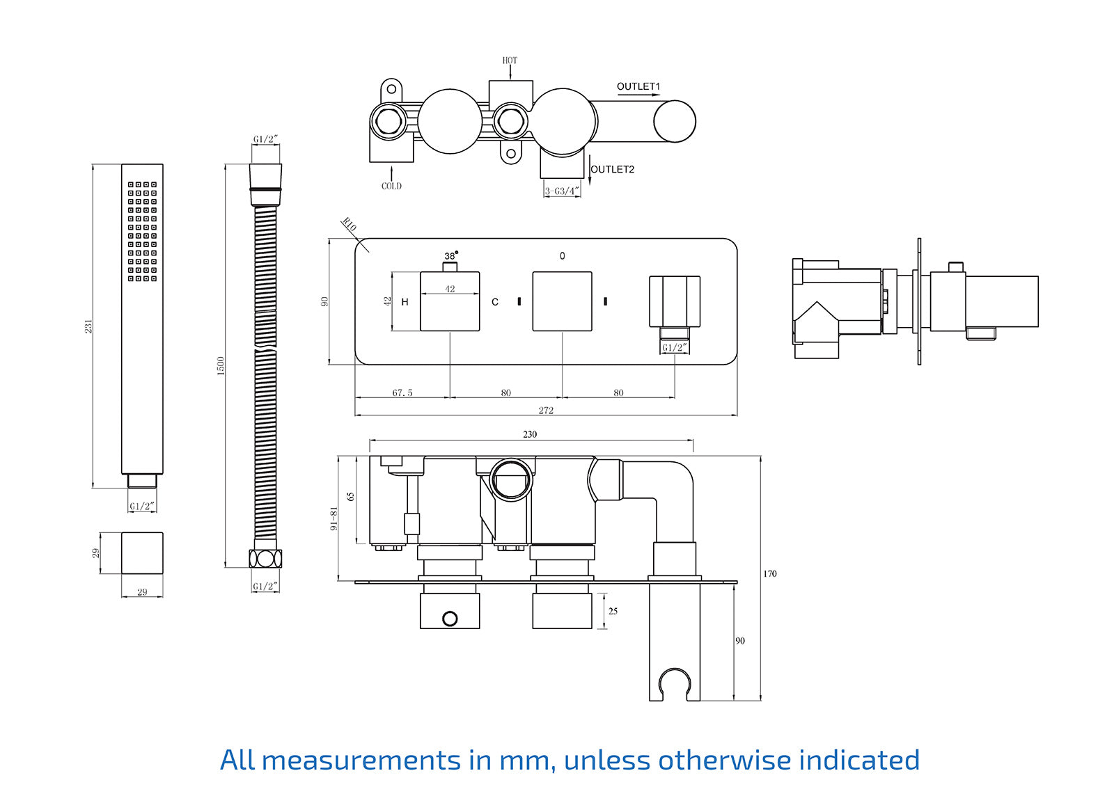 Bathroom 2 Dial 2 Way Square Concealed Thermostatic Valve with Shower Handset