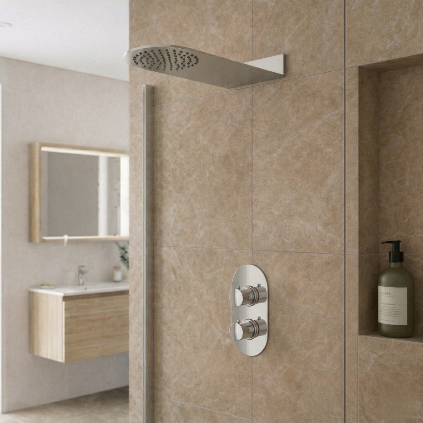 Nero 2 Dial 1 Way Modern Oval Chrome Concealed Thermostatic Shower Mixer Valve with 250mm Rainfall Shower Head Set