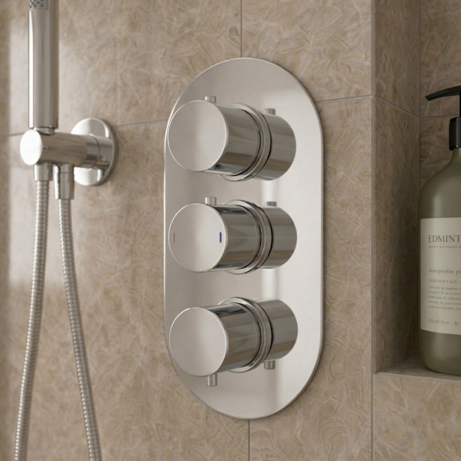 Nero 3 Dial 3 Outlet Modern Round Chrome Concealed Thermostatic Shower Valve with 250mm Ultra Slim Rainfall Shower Head & Handset Kit