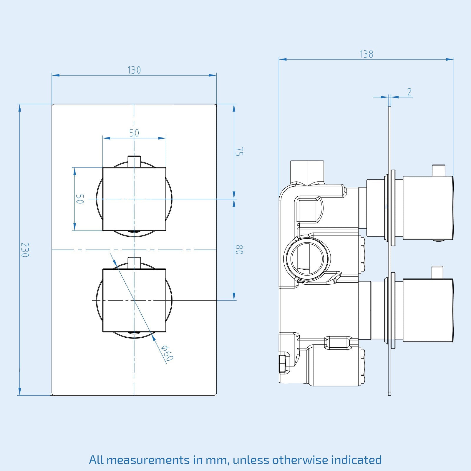 Chrome Square 2 Dial 1 Way Concealed Thermostatic Shower Mixer Valve