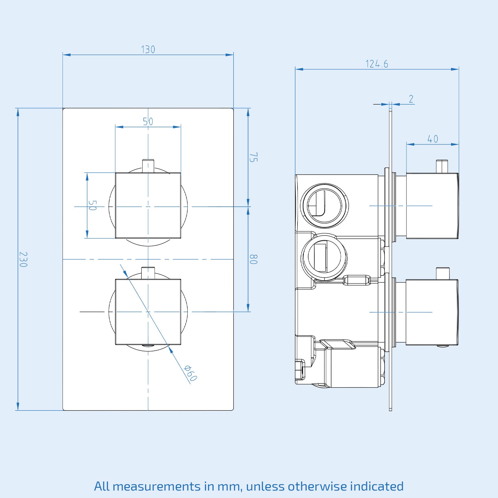 Temel Modern Square 2 Way Concealed Thermostatic Shower Mixer Valve Chrome