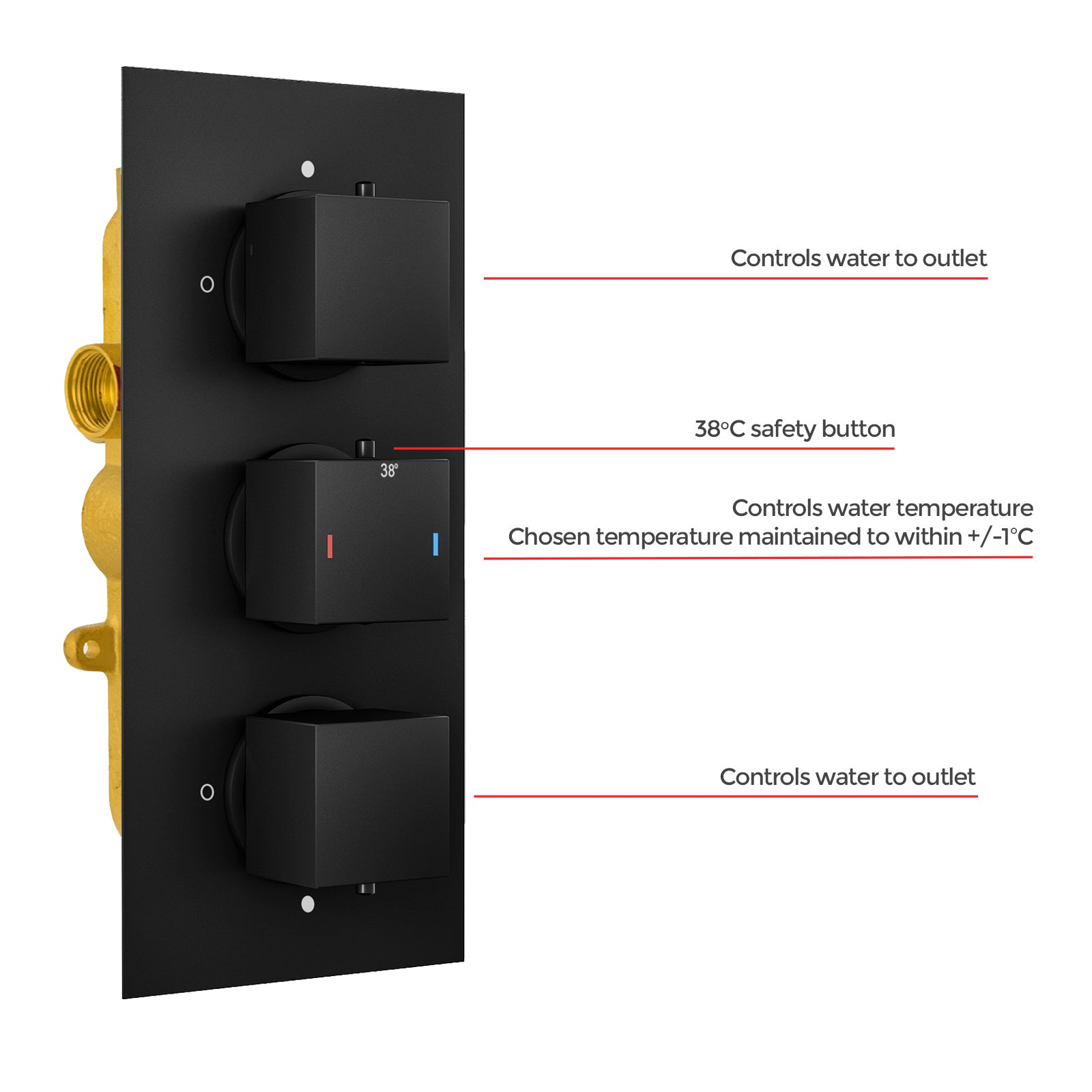 Orta Square 3 Dial 2 Outlet Black Matt Concealed Thermostatic Shower Valve
