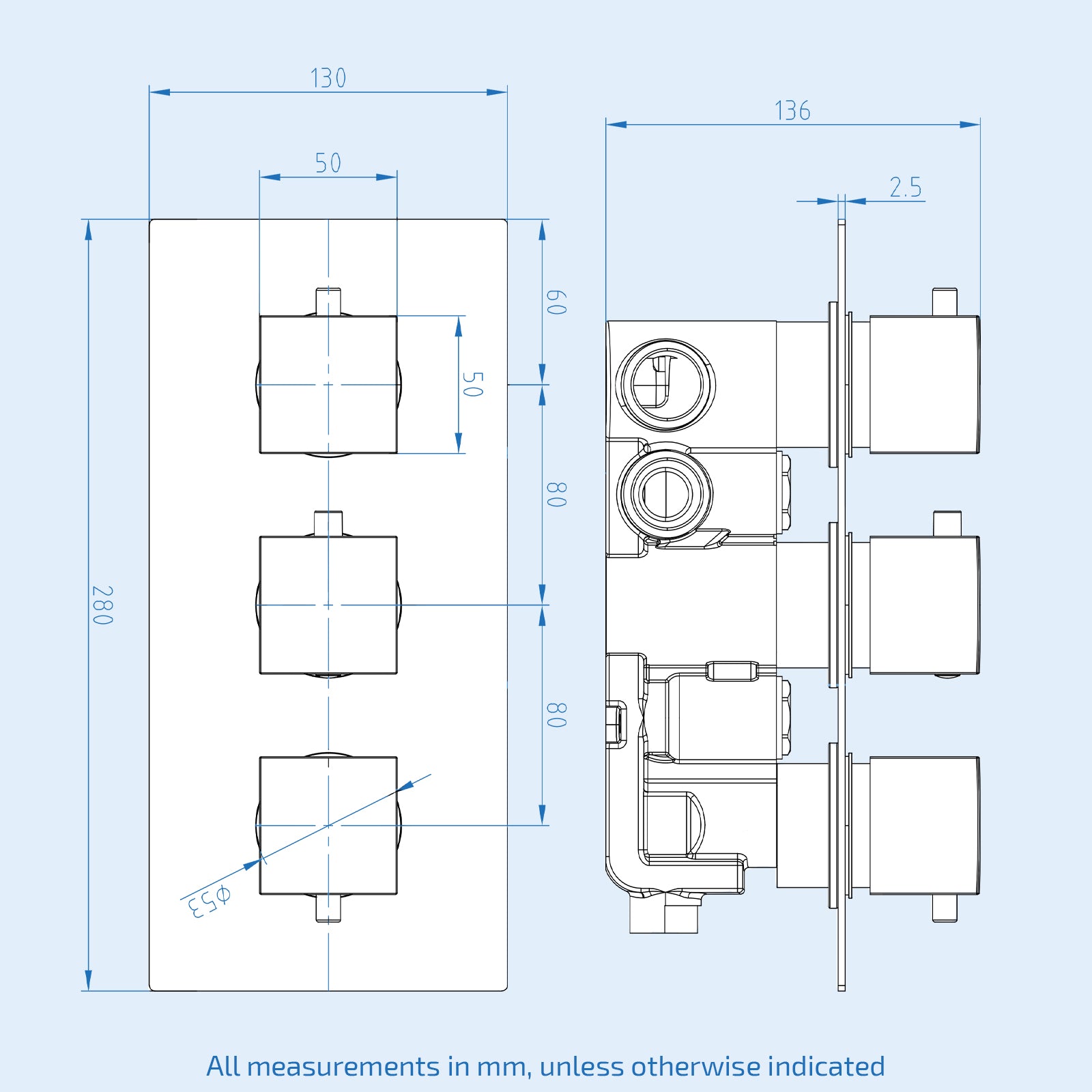 Orta Square 3 Dial 2 Outlet Black Matt Concealed Thermostatic Shower Valve