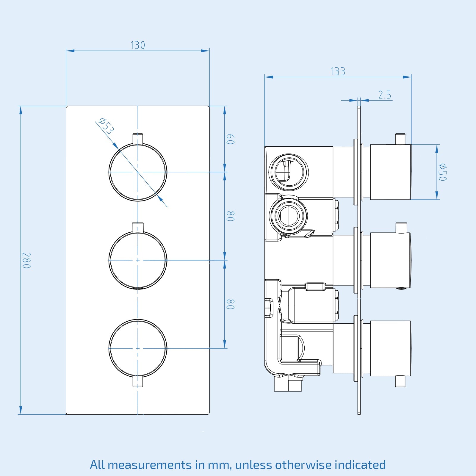 3 Dial 3 Way Round Concealed Thermostatic Shower Valve - Matt Black