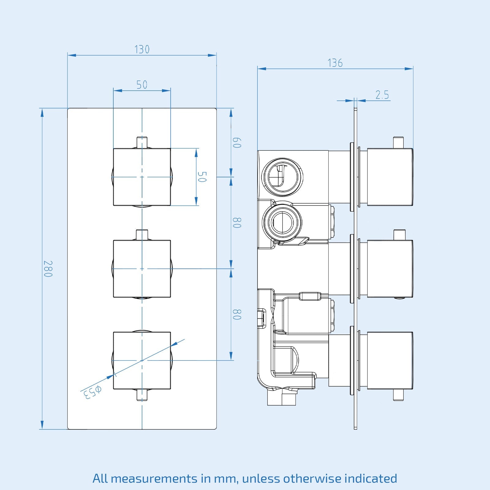 Olive 3 Dial 3 Outlet Concealed Thermostatic Shower - Square- Refined Valve