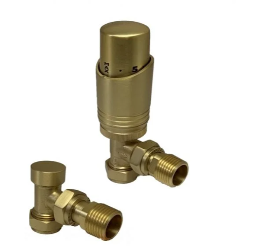 Kartell Design Twin Pack Thermostatic Radiator Valve Brushed Brass Angled - BR-TRV301A