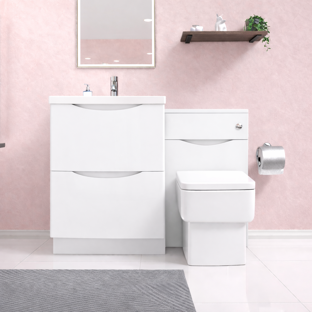 Merton 600mm 2 Drawer Basin Vanity Cabinet, WC Unit & Rimless Back to Wall Toilet Set