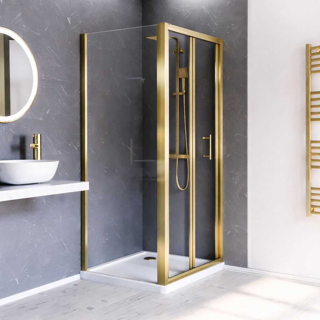 Brushed Brass 800 x 700mm Bi-fold Tempered Glass Shower Enclosure