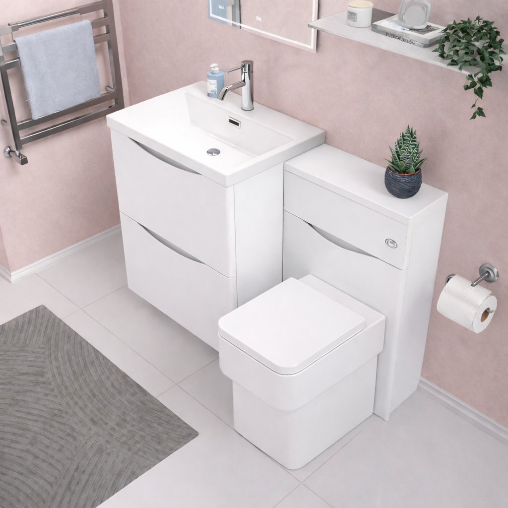 Merton 600mm 2 Drawer Basin Vanity Cabinet, WC Unit & Rimless Back to Wall Toilet Set