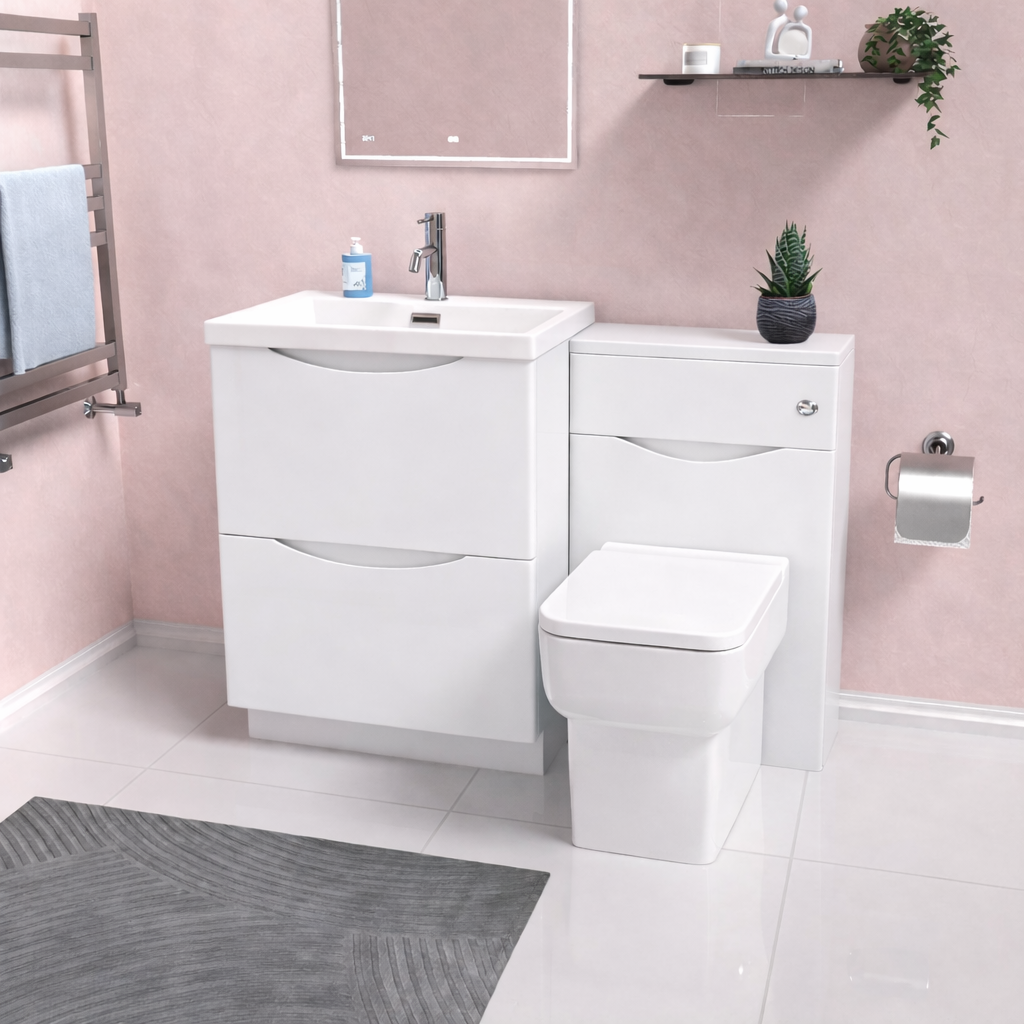 Merton 600mm 2 Drawer Basin Vanity Cabinet, WC Unit & Rimless Back to Wall Toilet Set