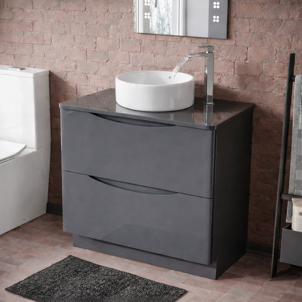 Merton 800mm Dark Grey Freestanding Countertop Vanity Basin Unit 2-Drawer Cabinet with 410mm Modern Round White Countertop Basin