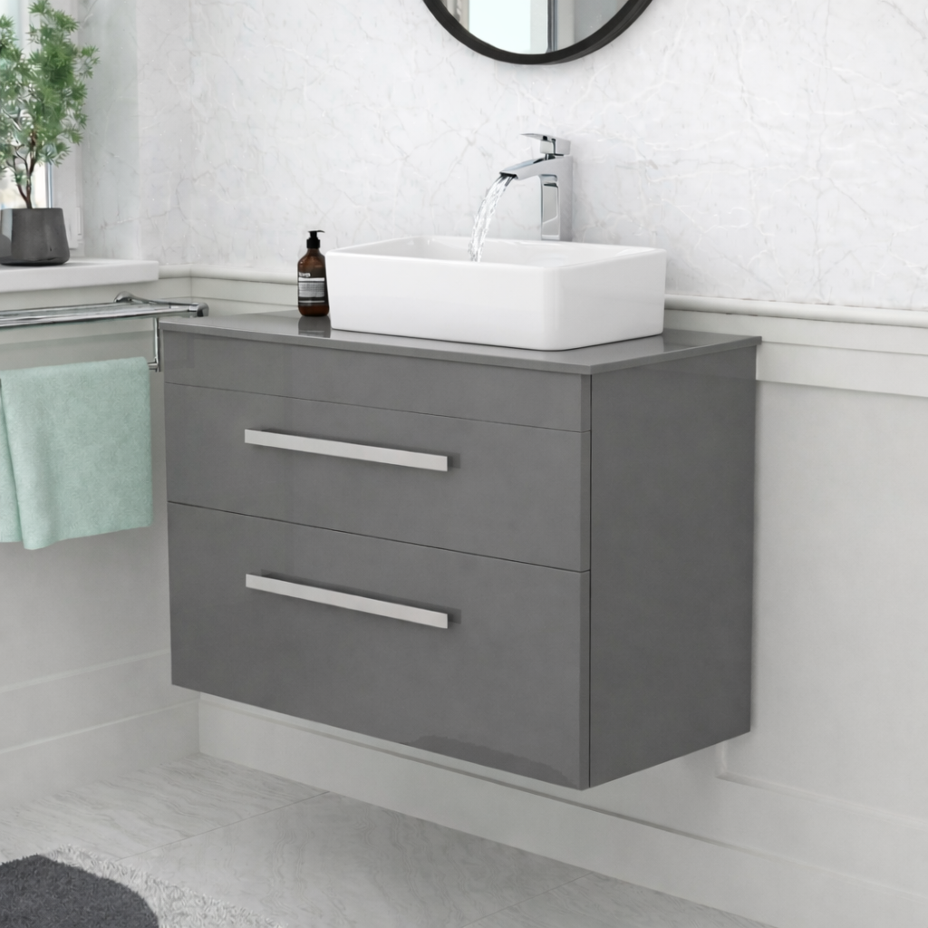 Nanuya 800mm Steel Grey Wall Hung 2 Drawer Vanity Unit & 420mm Cloakroom Rectangular Countertop Basin Set