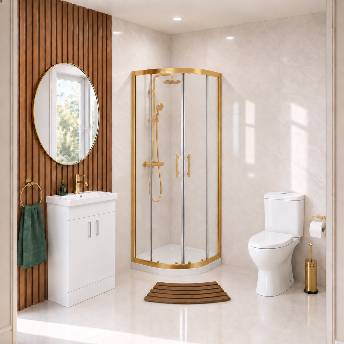 Enclosure Suite - 800mm Quadrant Screen with 500mm Vanity Unit & Close Coupled Toilet - Set with Brushed Brass  Fittings