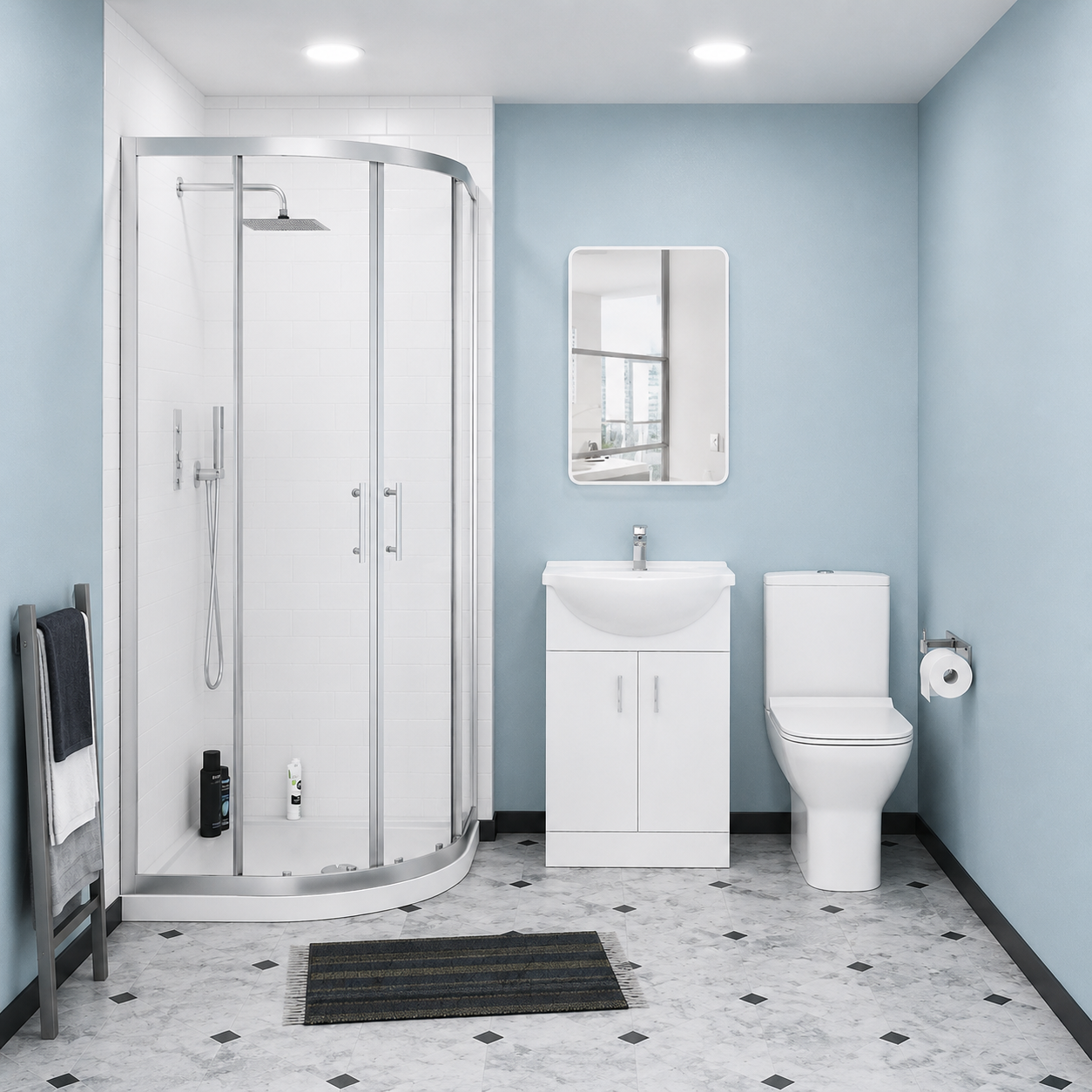 Ellen Rimless Close Coupled Toilet, Flat Pack Vanity Basin Unit, 800mm Quadrant Shower Enclosure and Shower Tray Suite White