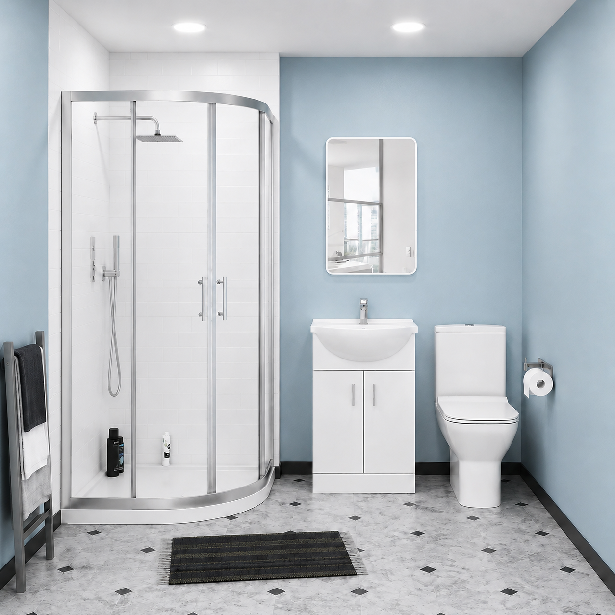 Ellen Rimless Close Coupled Toilet, Flat Pack Vanity Basin Unit, 900mm Quadrant Shower Enclosure and Shower Tray Suite White