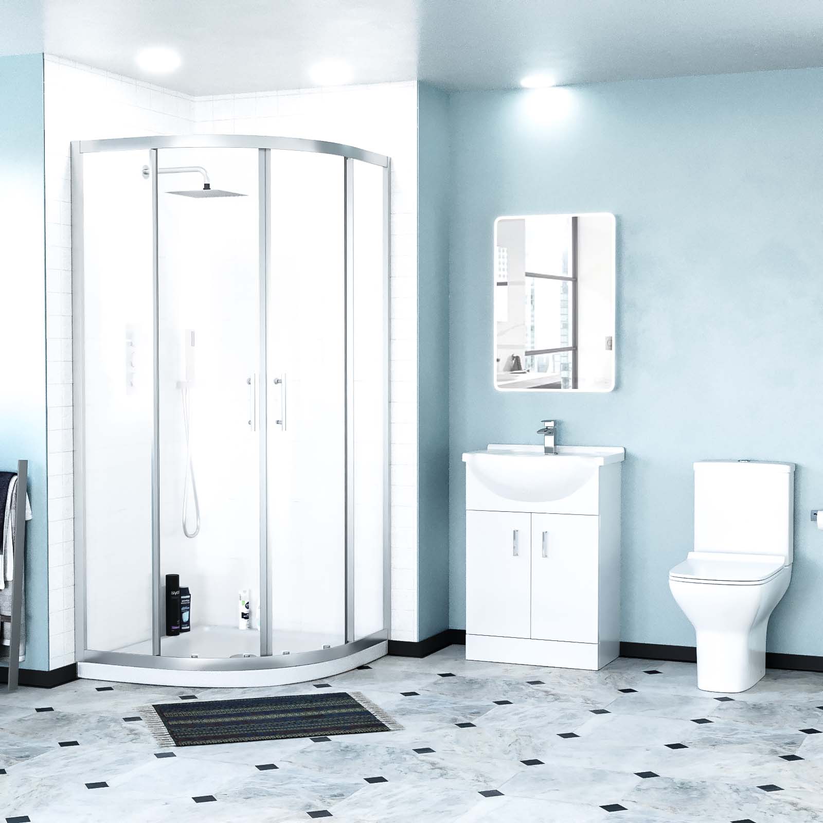 Ellen Rimless Close Coupled Toilet, Flat Pack Vanity Basin Unit, 900mm Quadrant Shower Enclosure and Shower Tray Suite White