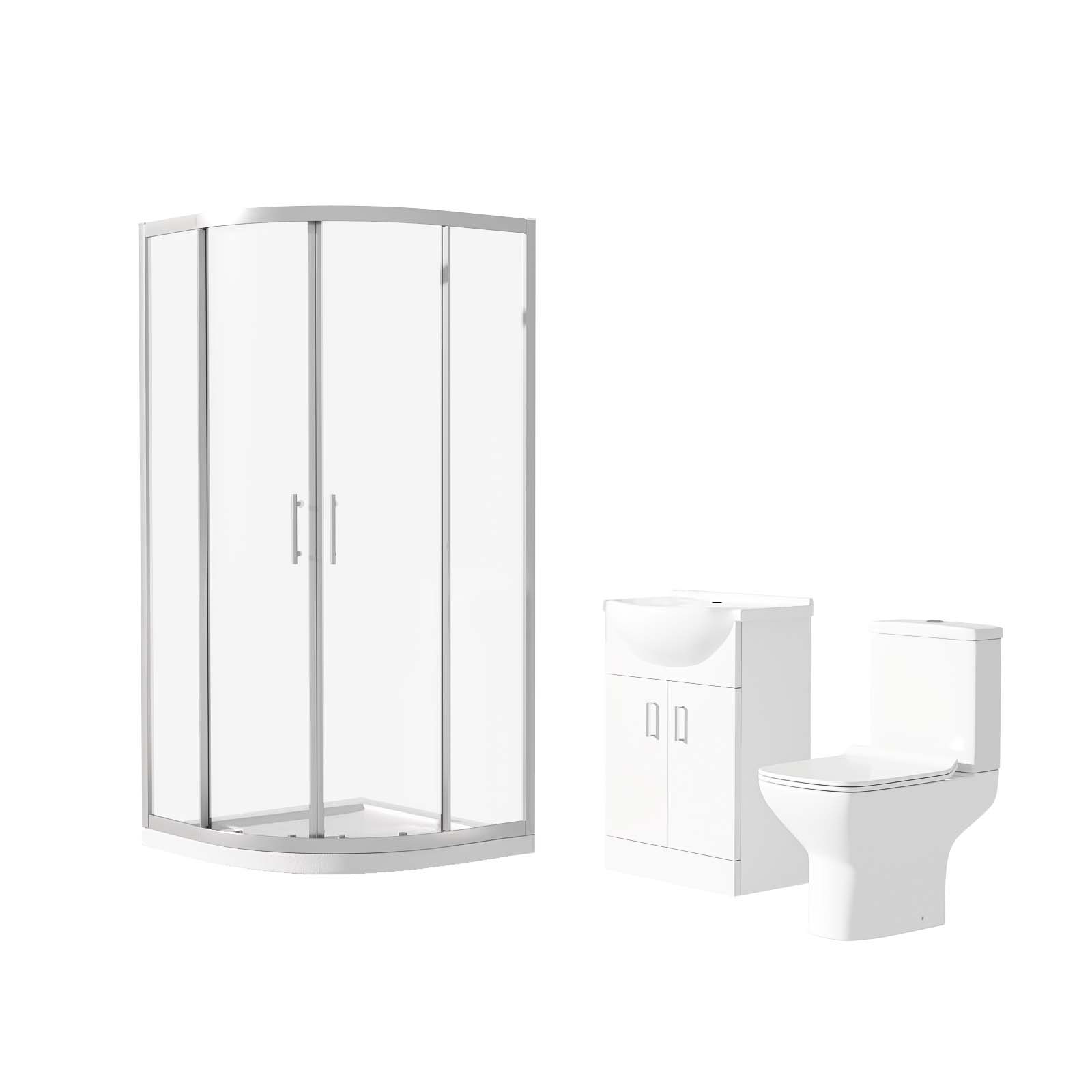Ellen Rimless Close Coupled Toilet, Flat Pack Vanity Basin Unit, 800mm Quadrant Shower Enclosure and Shower Tray Suite White