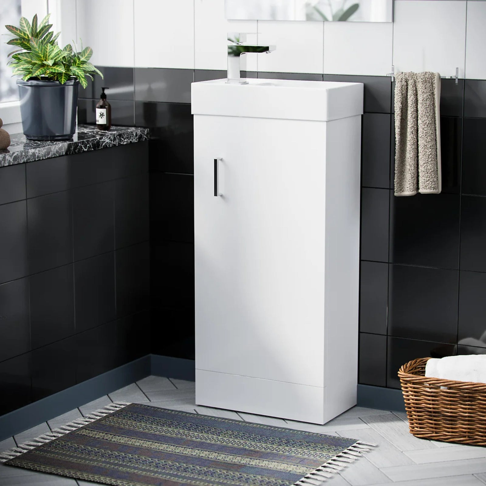 Nanuya White 400mm Cloakroom Vanity Basin Unit, Single Lever Basin Mixer Tap & Waste