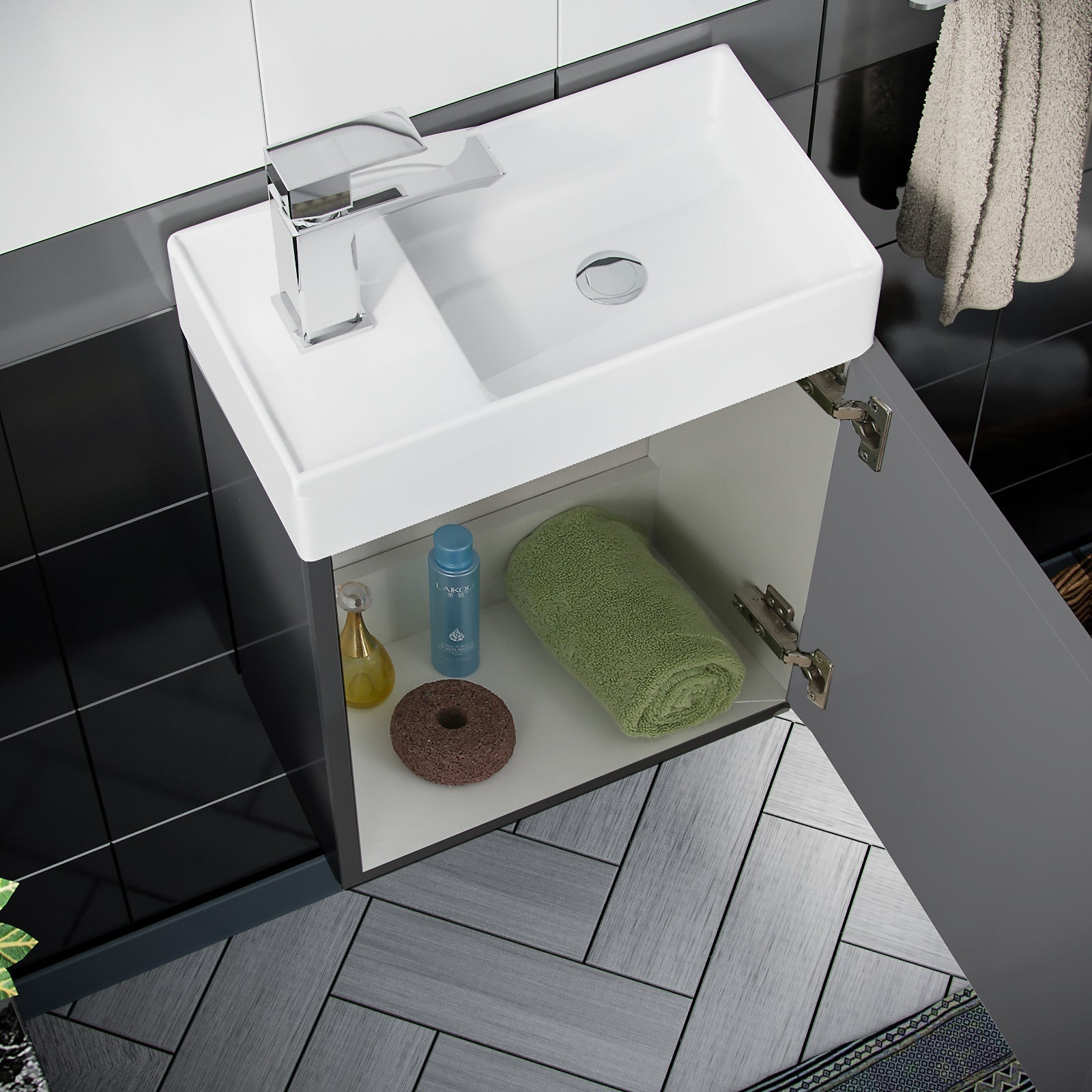Nanuya 400mm Cloakroom Wall Hung Basin Vanity Unit & Close Coupled Toilet Dark Grey