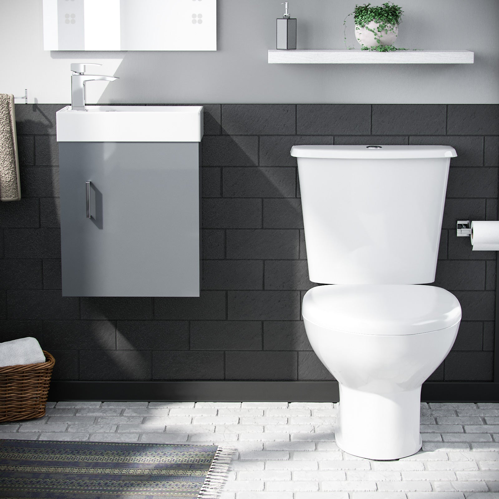 Nanuya 400mm Cloakroom Wall Hung Basin Vanity Unit & Close Coupled Toilet Dark Grey