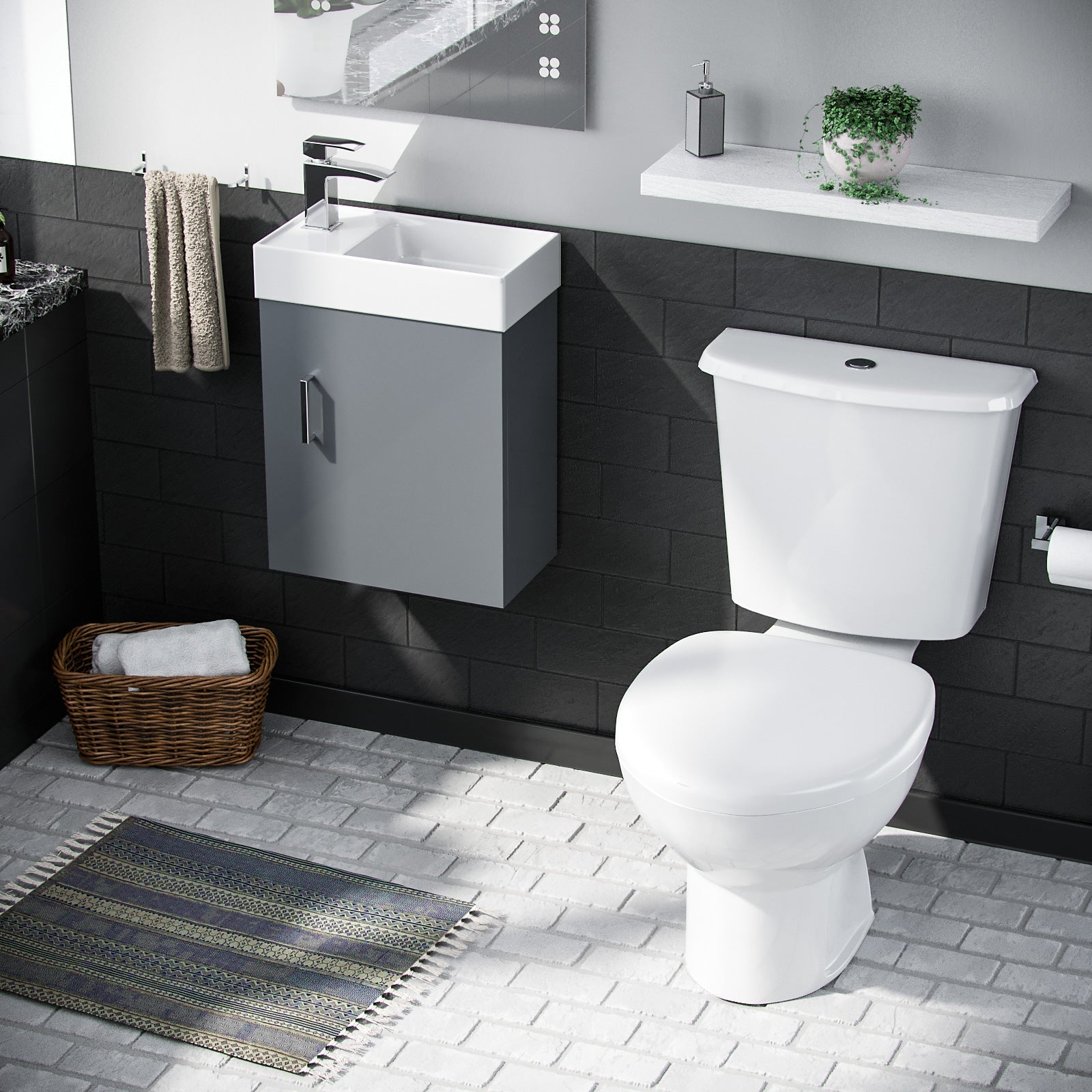 Nanuya 400mm Cloakroom Wall Hung Basin Vanity Unit & Close Coupled Toilet Dark Grey