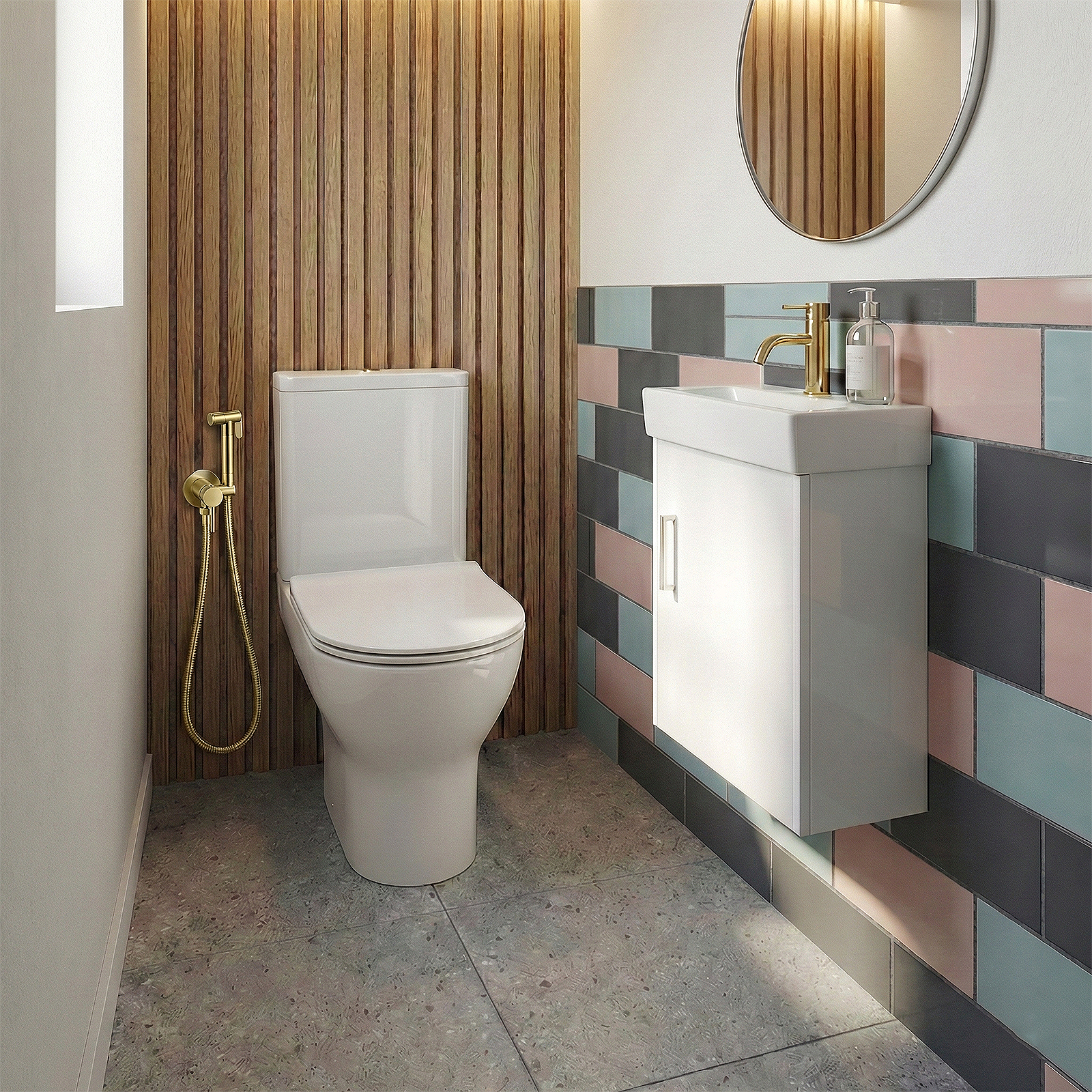 Nanuya 400mm White Cloakroom Wall Hung Vanity with Basin & Oakham Rimless Close Coupled Toilet Set