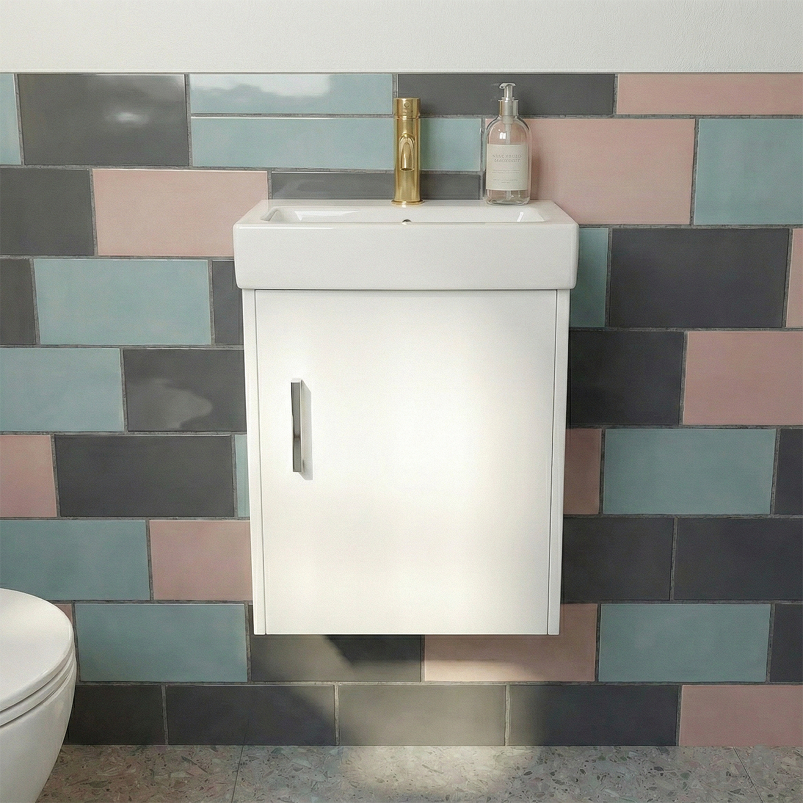 Nanuya 400mm White Cloakroom Wall Hung Vanity with Basin & Oakham Rimless Close Coupled Toilet Set