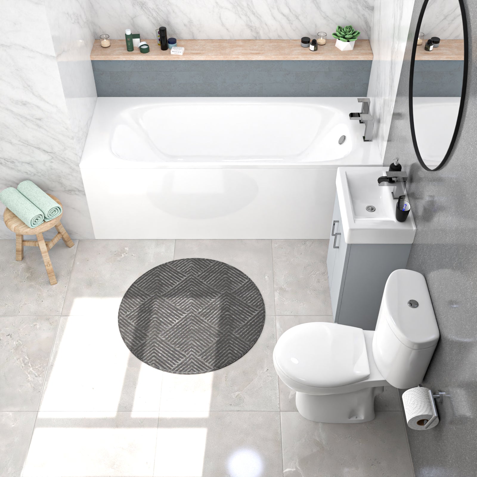Nanuya 450mm Matte Grey Basin Vanity Unit, Rimless Toilet & Round Bath
