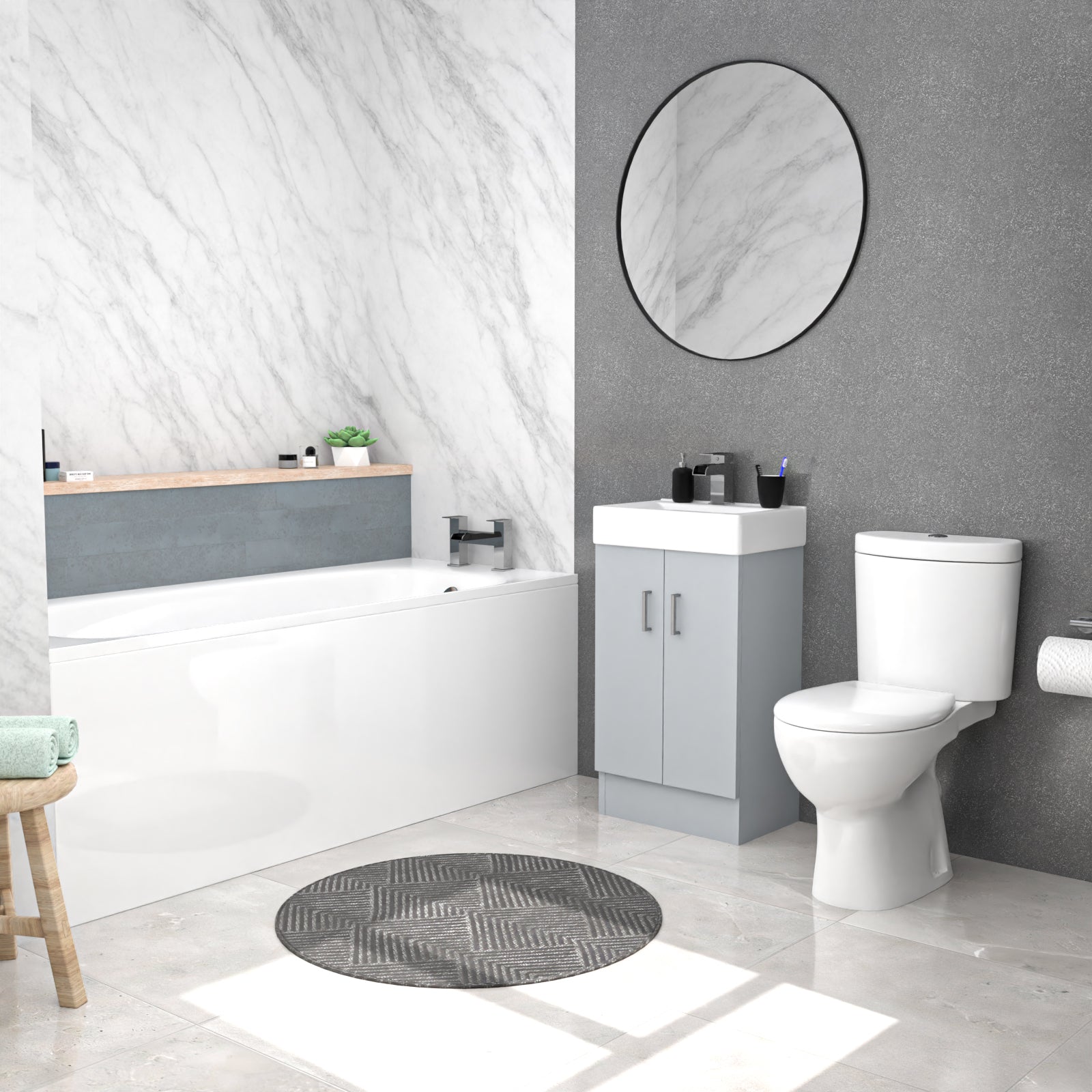 Nanuya Matte Grey 450mm Flat Pack Basin Vanity Unit Toilet & Round Bath
