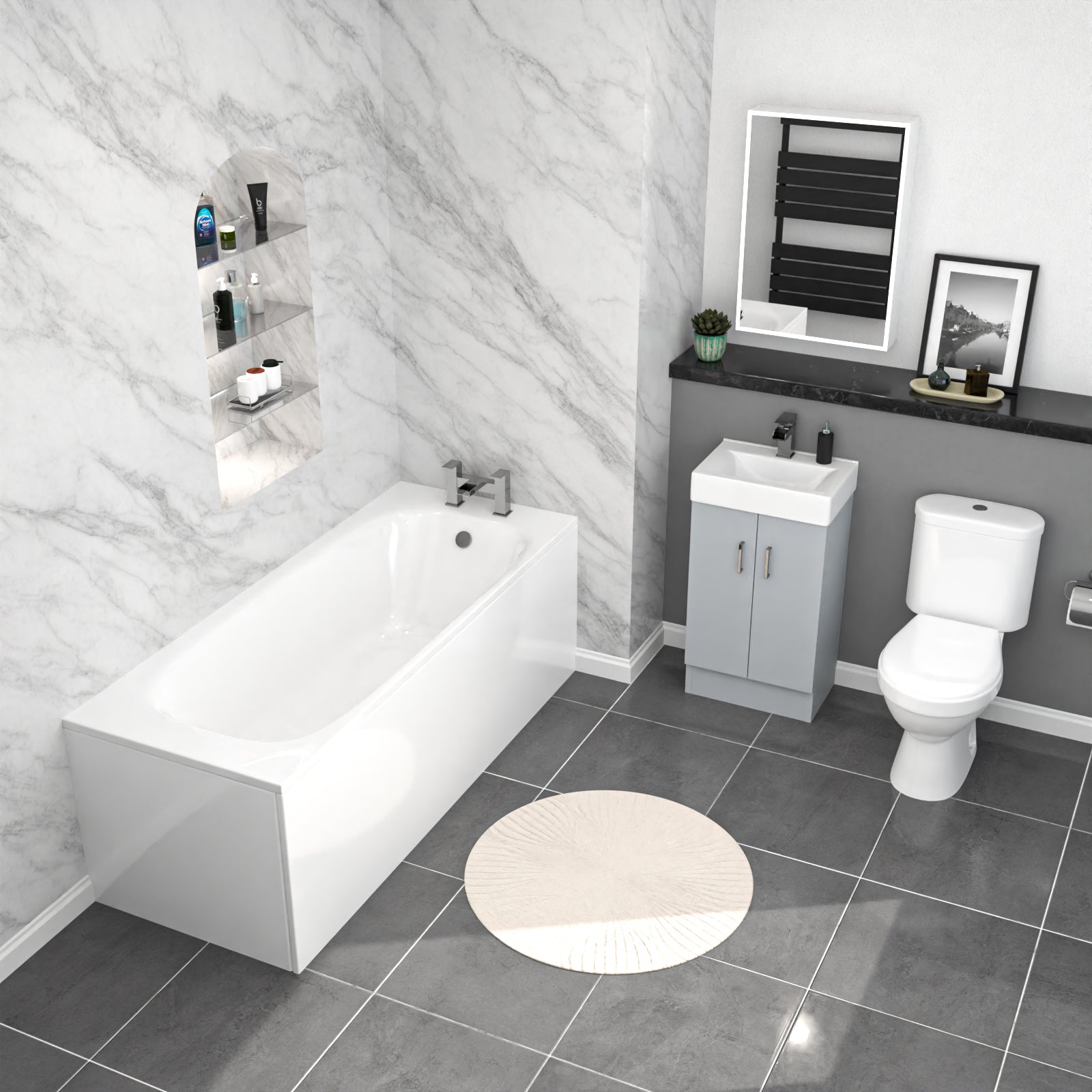 Nanuya Matte Grey 450mm Basin Vanity Toilet & Round Bath With Panels Flat Pack