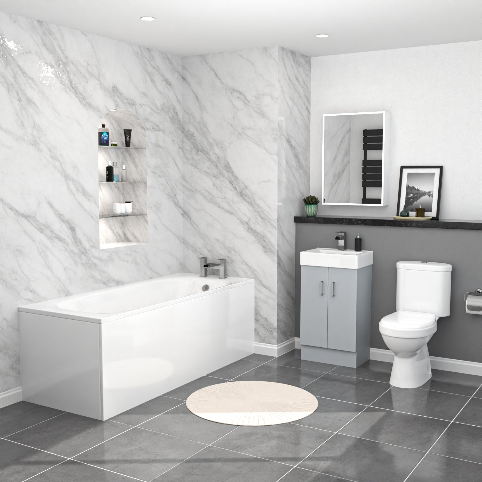 Nanuya Matte Grey 450mm Basin Vanity Toilet & Round Bath With Panels Flat Pack