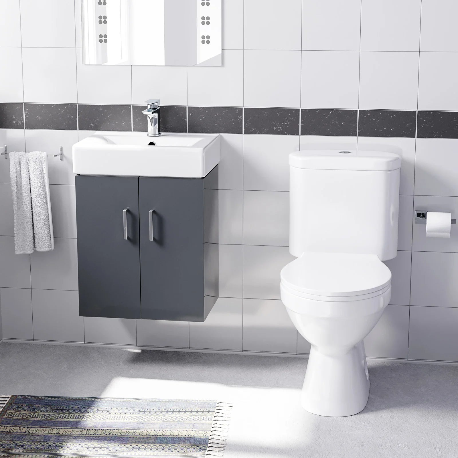 Nanuya Gloss Anthracite 450mm Compact Wall Hung Basin Vanity Unit & Close Coupled Toilet Set