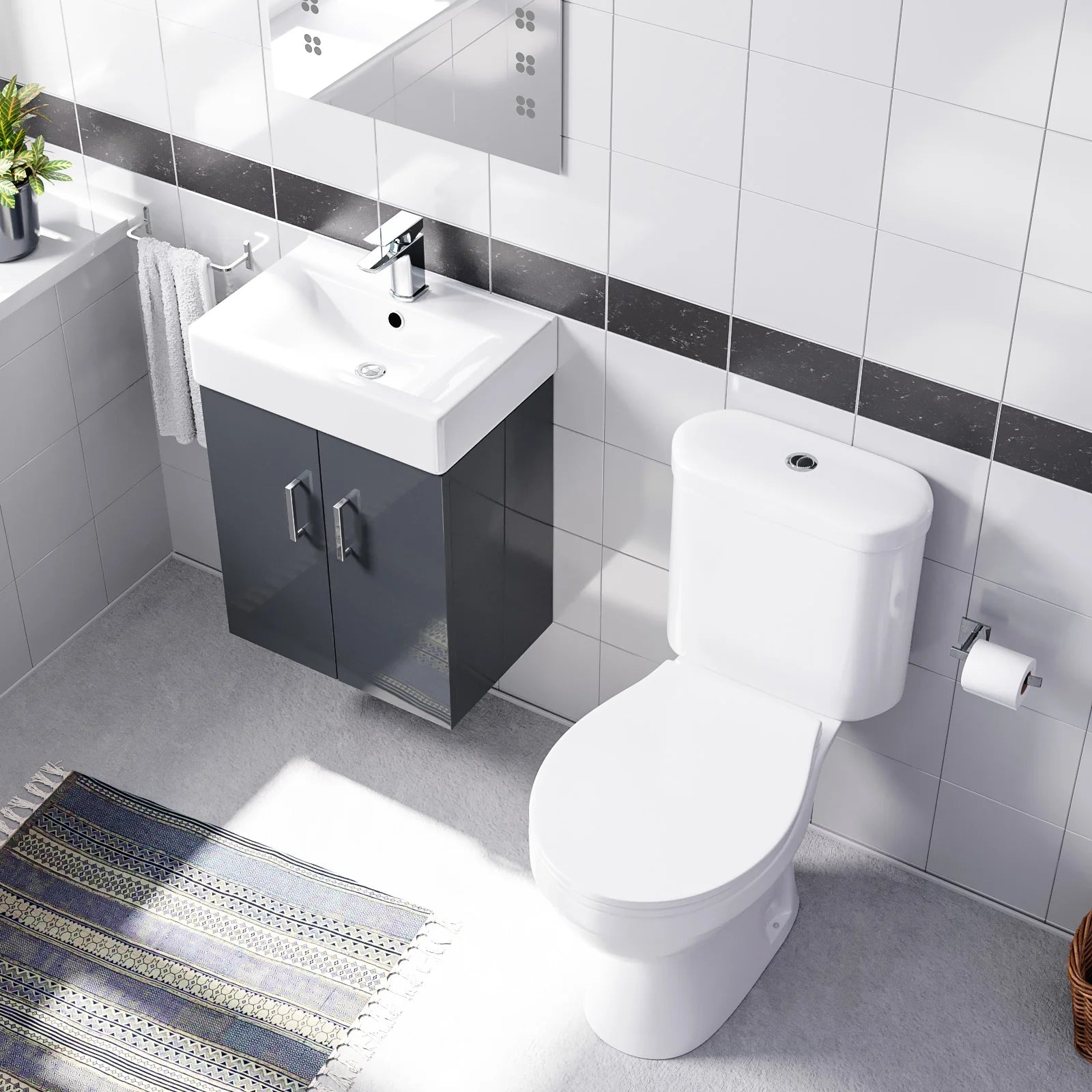 Nanuya Gloss Anthracite 450mm Compact Wall Hung Basin Vanity Unit & Close Coupled Toilet Set