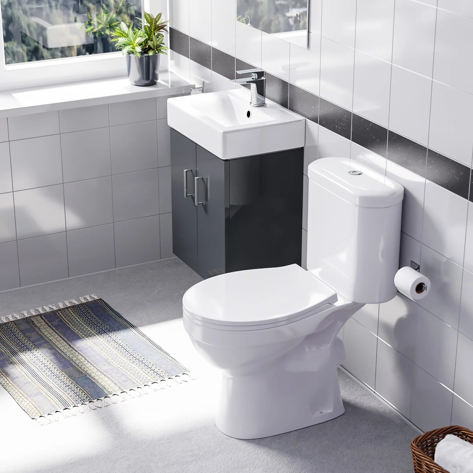 Nanuya Gloss Anthracite 450mm Compact Wall Hung Basin Vanity Unit & Close Coupled Toilet Set