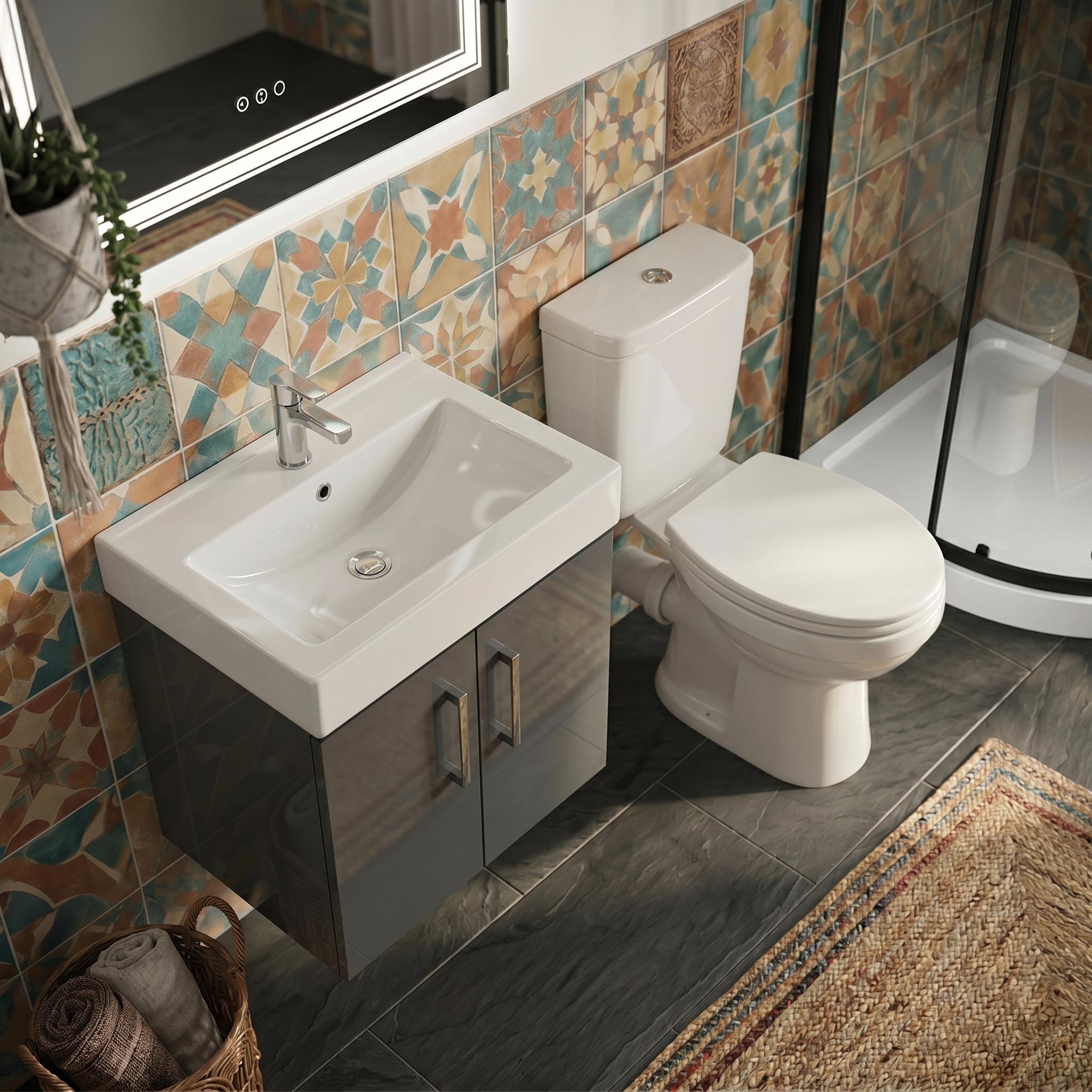 Nanuya Anthracite 450mm Vanity Unit, Toilet & Quadrant Shower Suite (with Tray & Waste) - En-Suite Bathroom Set