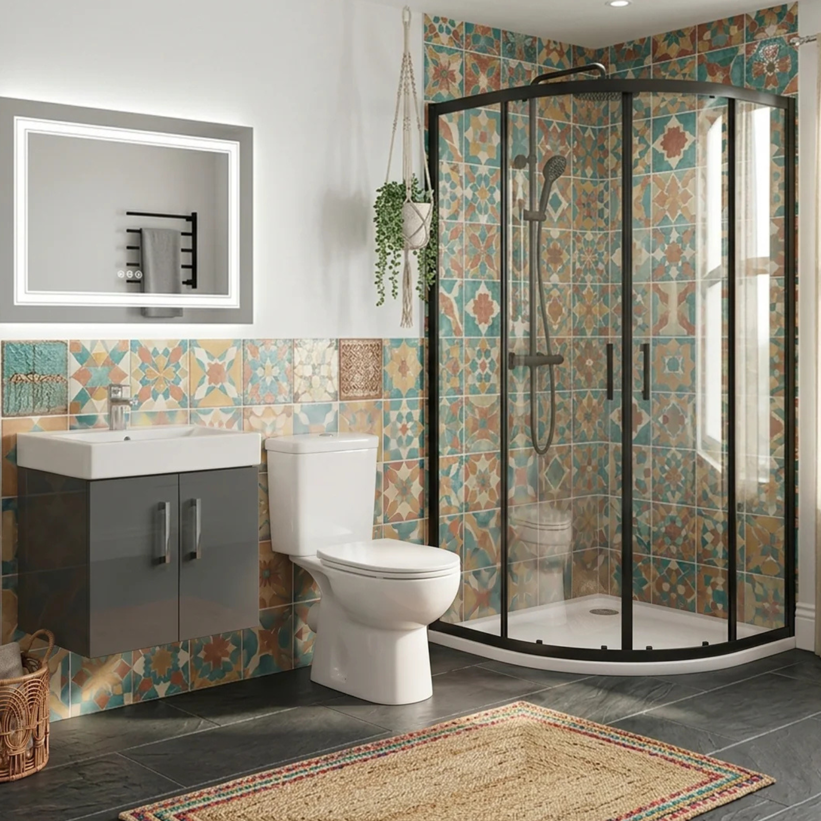 Nanuya Anthracite 450mm Vanity Unit, Toilet & Quadrant Shower Suite (with Tray & Waste) - En-Suite Bathroom Set