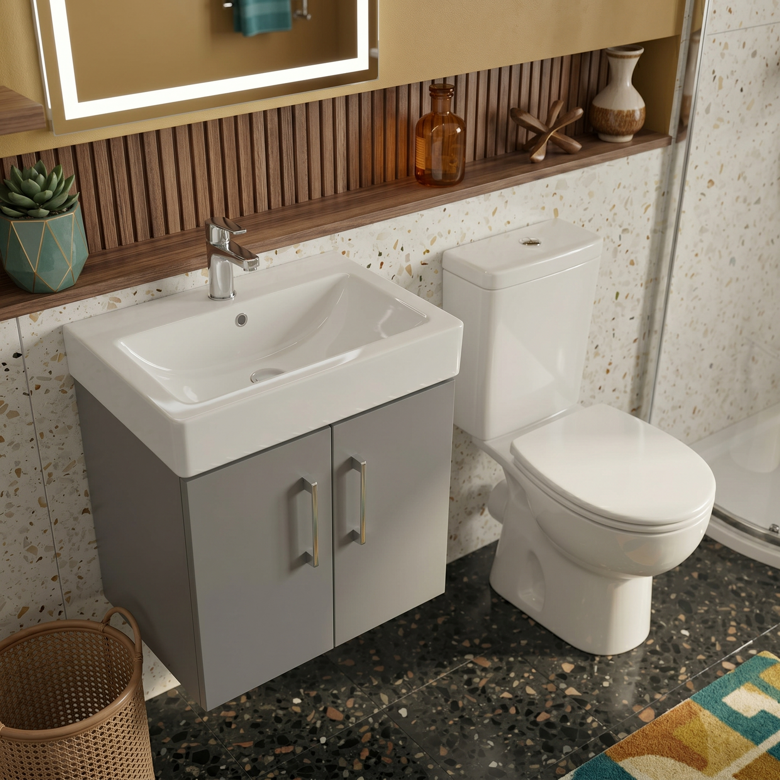 Nanuya Matte Grey 450mm Vanity Unit, Toilet & Quadrant Shower Suite (with Tray & Waste) Set - En Suite Bathroom Suite