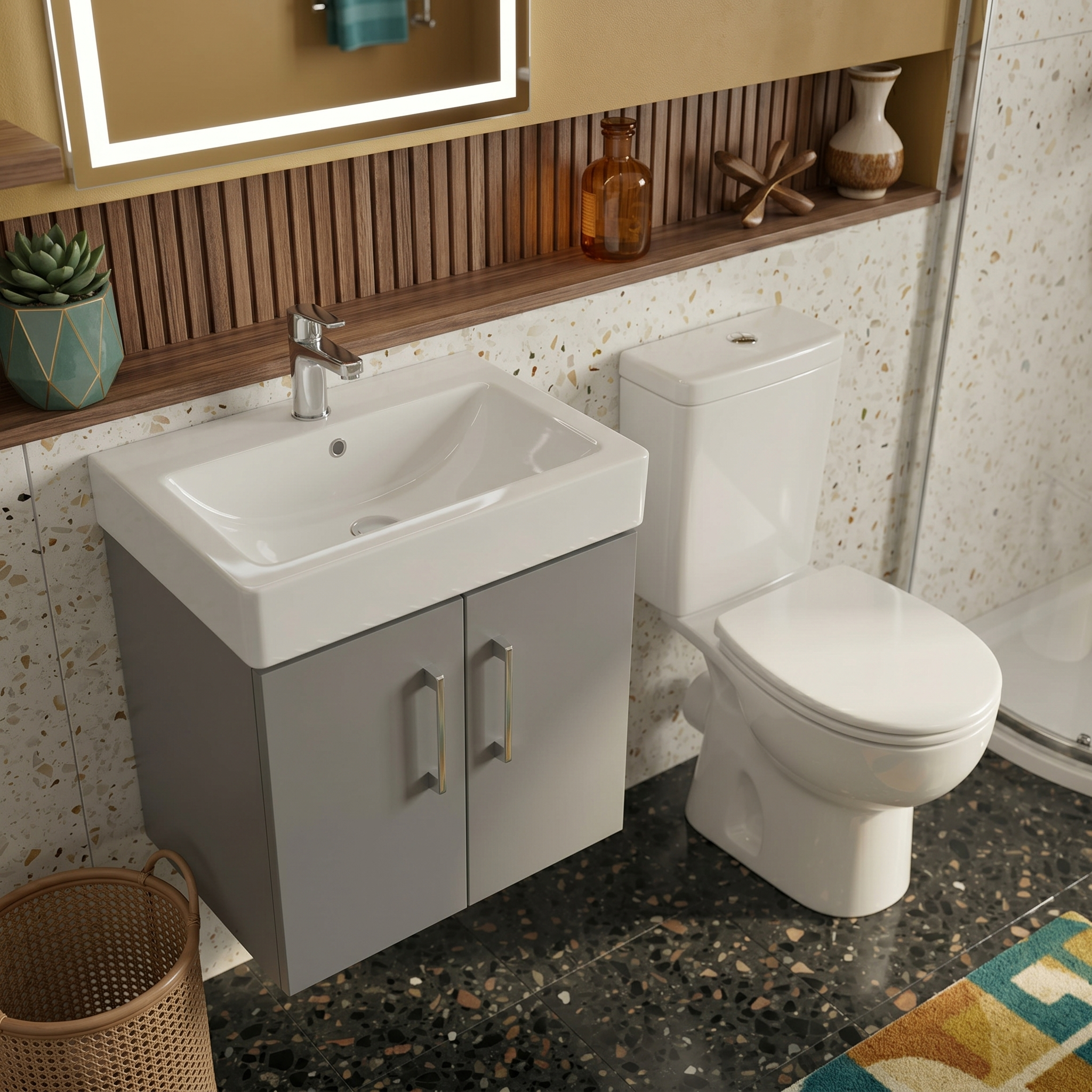 Nanuya Matte Grey 450mm Vanity Unit, Toilet & Quadrant Shower Suite (with Tray & Waste) Set - En Suite Bathroom Suite