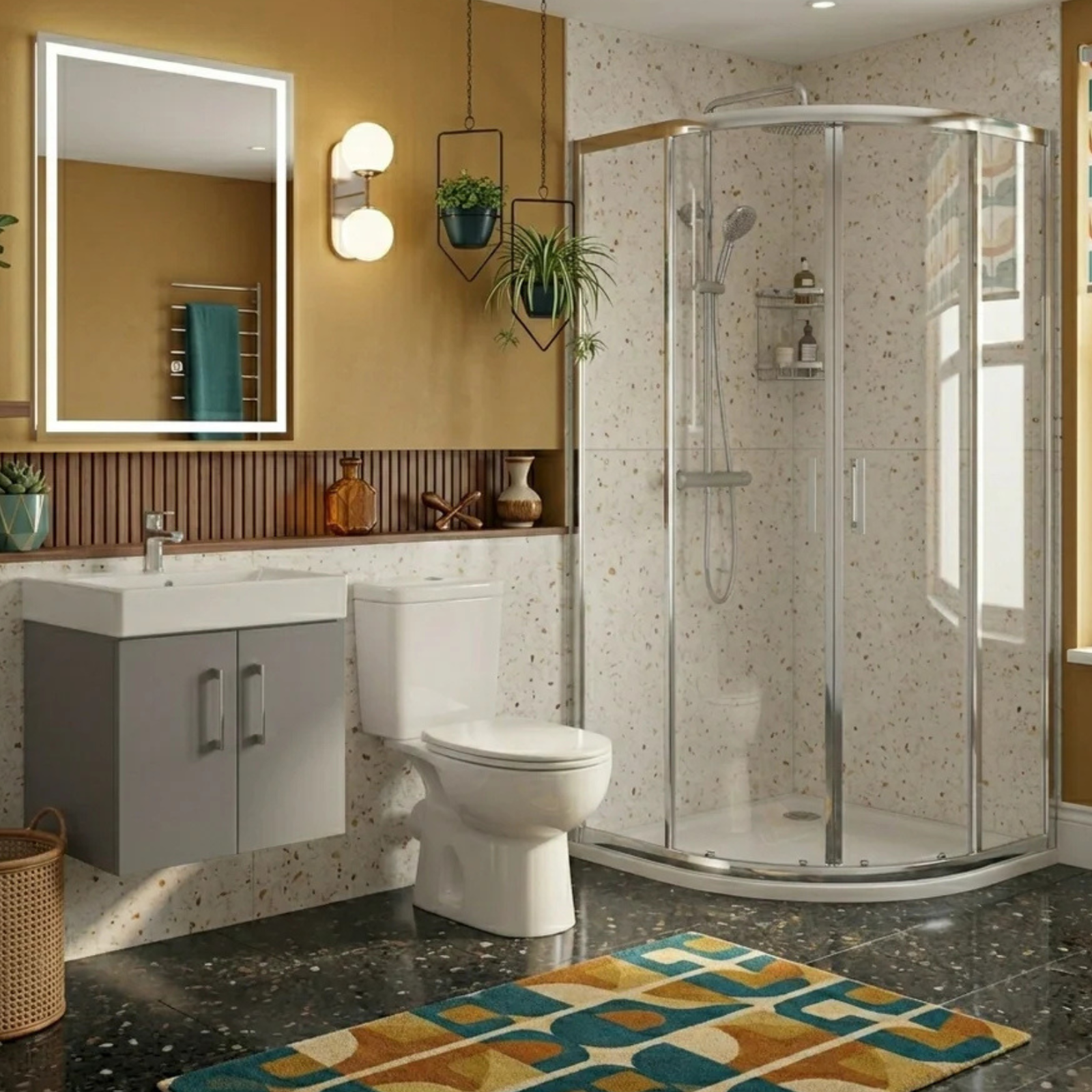 Nanuya Matte Grey 450mm Vanity Unit, Toilet & Quadrant Shower Suite (with Tray & Waste) Set - En Suite Bathroom Suite