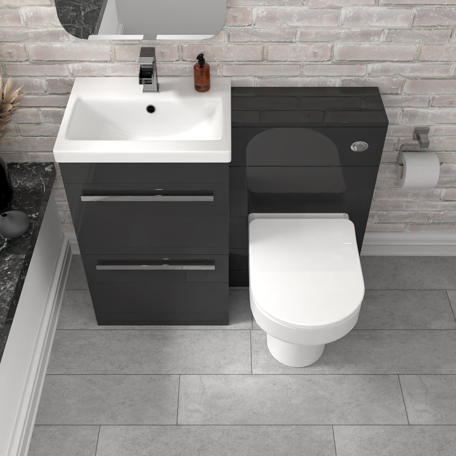 Nanuya 2 Drawers Dark Grey Basin Vanity, WC Unit & Back To Wall Comfort Toilet
