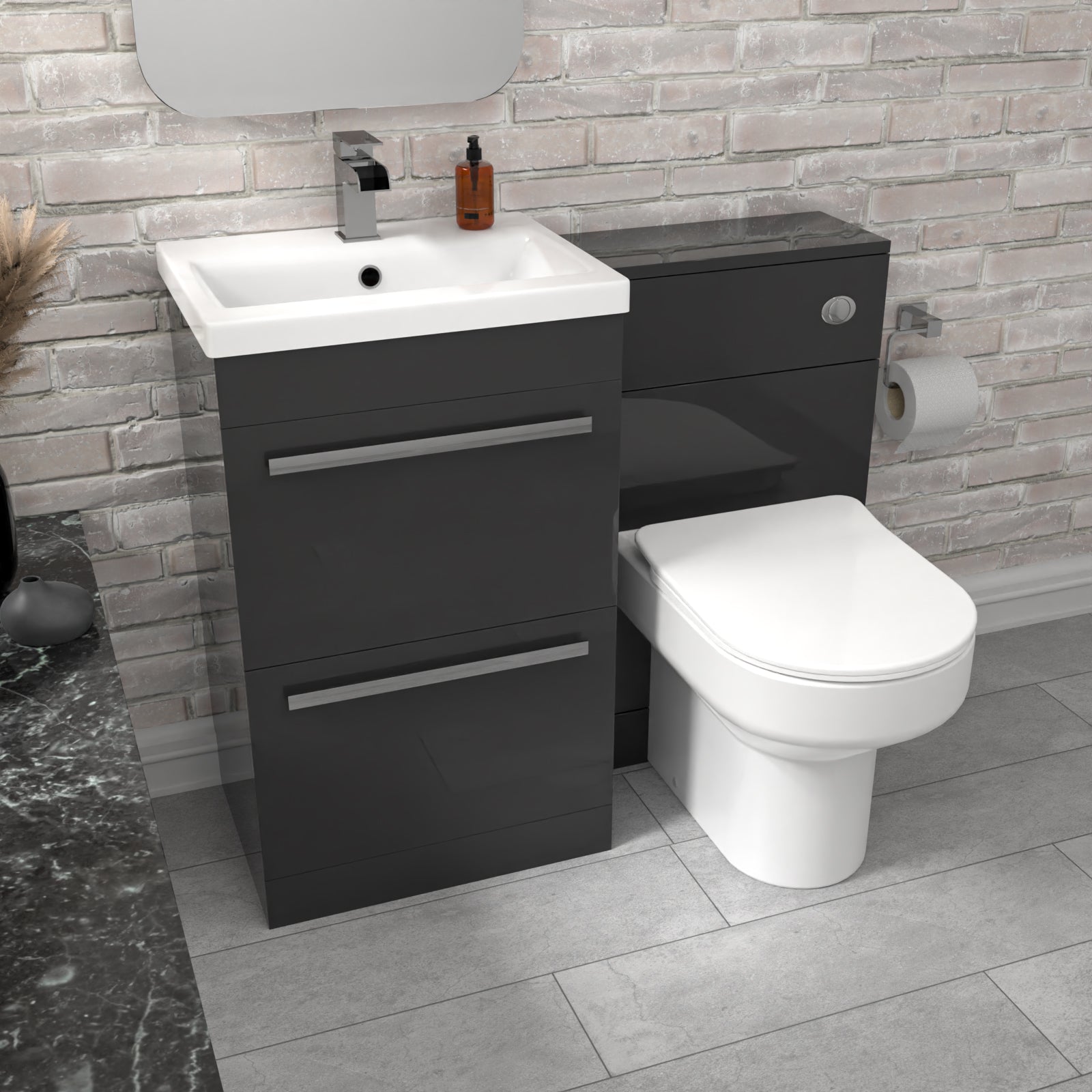 Nanuya 2 Drawers Dark Grey Basin Vanity, WC Unit & Back To Wall Comfort Toilet