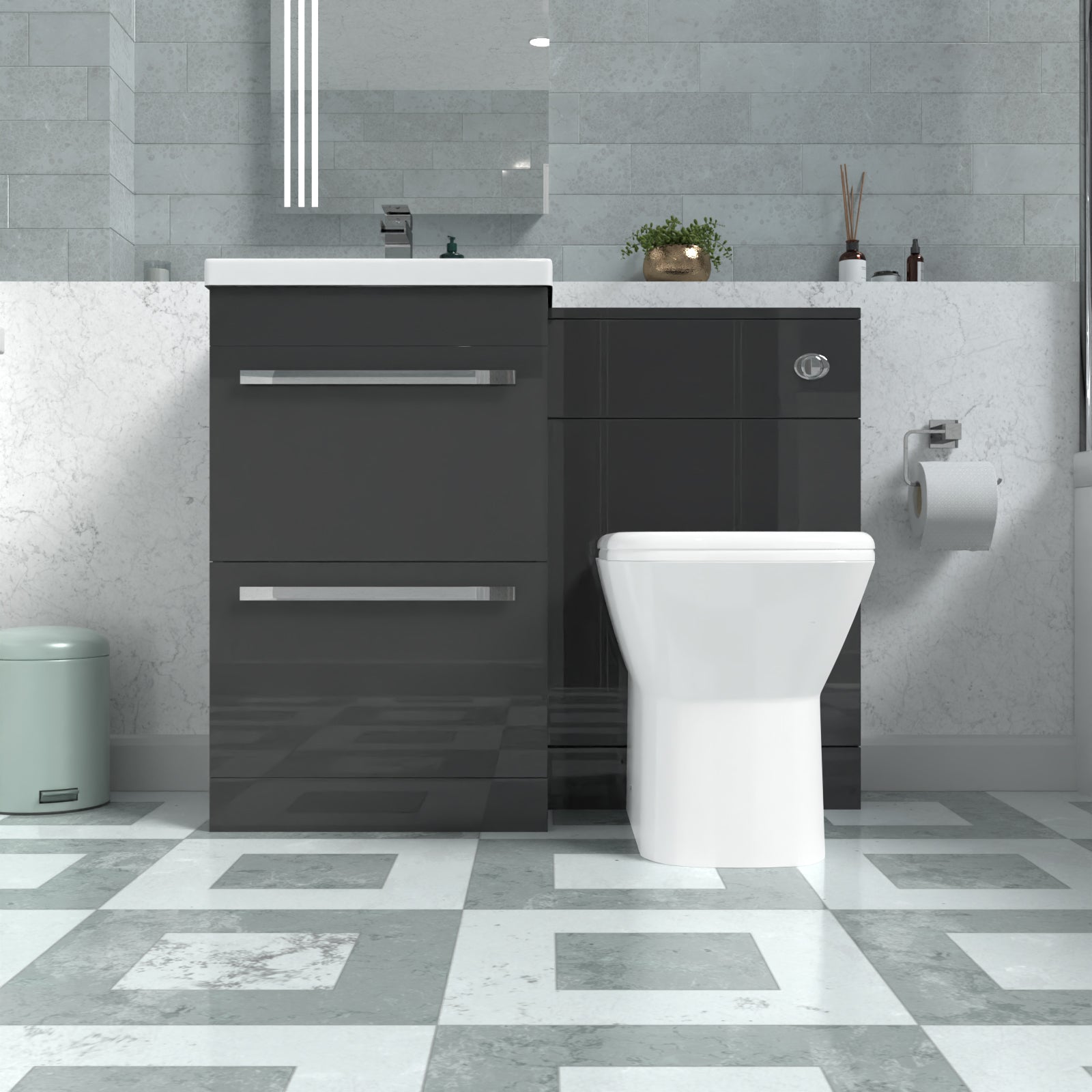 Nanuya 1000mm Anthracite Basin Vanity Cabinet, WC Unit & Rimless Back To Wall Toilet